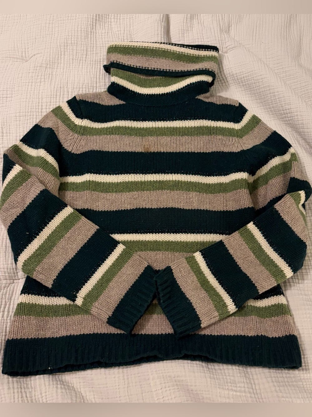Vintage American Eagle Striped Turtleneck Sweater in Green, Cream & Taupe - SZ L